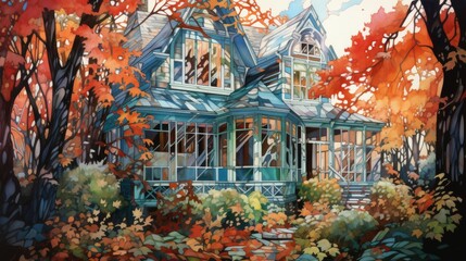 Haunted estate, overgrown foliage, shattered windows, Watercolor style