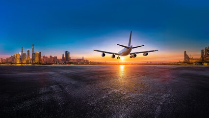 A large airplane lands on a runway at sunset with a vibrant city skyline in the background. The warm colors of the sky and modern skyscrapers create a dramatic, cinematic urban scene 