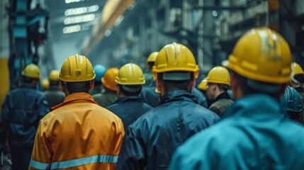 Groups of workers in hard hats navigate the vibrant interior of an industrial facility, reflecting dedication and a strong sense of teamwork on a busy day