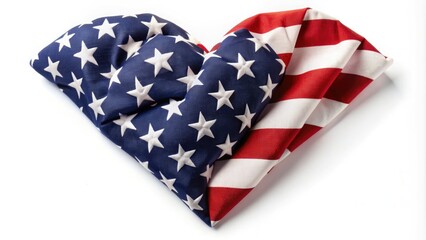Obraz premium A delicate heart shaped formation made up of folded American flag fabric, symbolizing patriotism, love, and national pride, set against a white background.