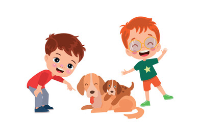 happy cute little kid play with dog