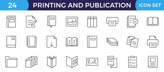 Printing and Publication icon set. Flyer Brochure line icon set. letterhead, booklet, leaflet, corporate catalog, and envelope icon set. Outline iconcollection.