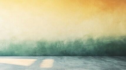 A large empty room with a green and yellow wall