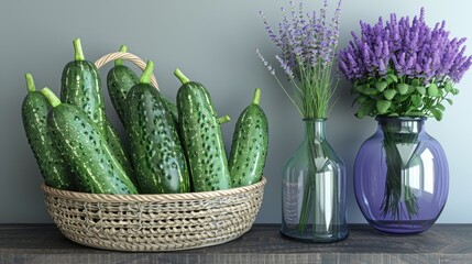 A basket of raw cucumbers paired with purple lavender flowers in a glass vase, evoking the theme of country agriculture and organic food.