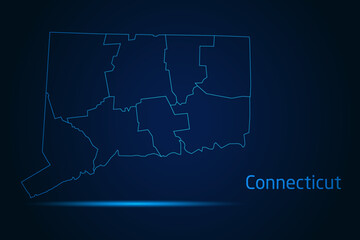 Abstract High Detailed Glow Blue Map on Dark Background of Map of Connecticut symbol for your web site design map logo, app, Travel. Vector illustration eps 10.	
