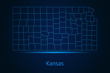 Abstract High Detailed Glow Blue Map on Dark Background of Map of Kansas symbol for your web site design map logo, app, Travel. Vector illustration eps 10.	
