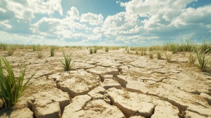 Heatwave causing severe drought, barren fields and dry soil, 3D illustration