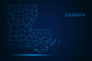 Obraz premium Abstract High Detailed Glow Blue Map on Dark Background of Map of Louisiana symbol for your web site design map logo, app, Travel. Vector illustration eps 10. 