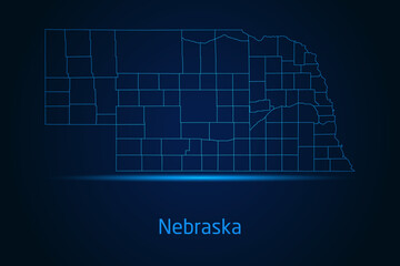 Abstract High Detailed Glow Blue Map on Dark Background of Map of Nebraska symbol for your web site design map logo, app, Travel. Vector illustration eps 10.	
