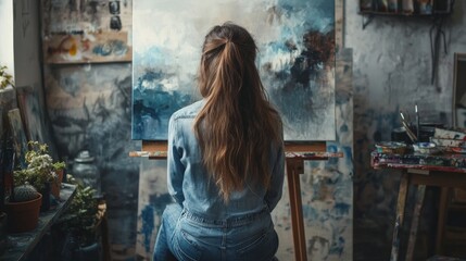Long-haired artist in casual attire sits at easel in studio.