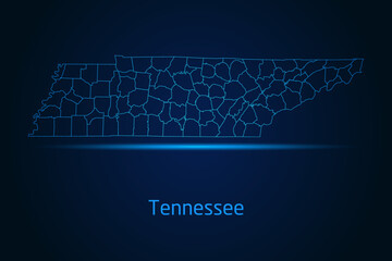 Abstract High Detailed Glow Blue Map on Dark Background of Map of Tennessee symbol for your web site design map logo, app, Travel. Vector illustration eps 10.	
