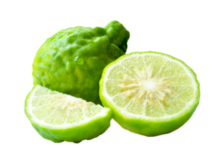 Fresh green kaffir lime fruit or bergamot with half and slice or piece isolated with clipping path in png file format