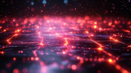 Obraz premium Vibrant futuristic digital landscape with glowing red and orange lights and abstract patterns.