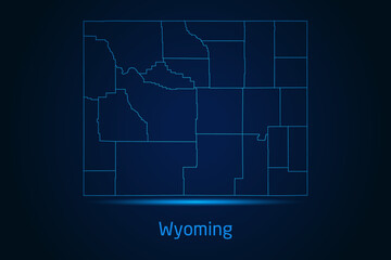 Abstract High Detailed Glow Blue Map on Dark Background of Map of Wyoming symbol for your web site design map logo, app, Travel. Vector illustration eps 10.	
