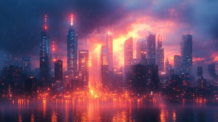 Fototapeta premium Futuristic city skyline at sunset with glowing skyscrapers and water reflection