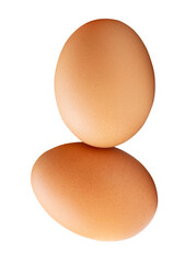 Two fresh brown chicken eggs in stack isolated on white background with clipping path