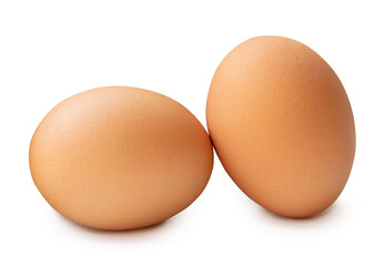 Two fresh brown chicken eggs in stack isolated on white background with clipping path