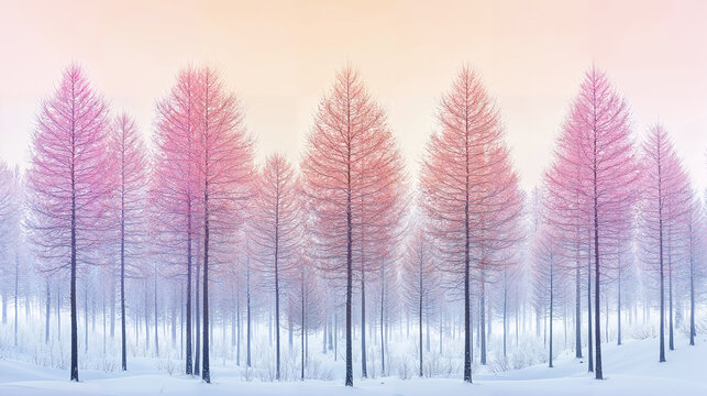 A pine tree forest after a snowstorm in the early morning, pastel colors