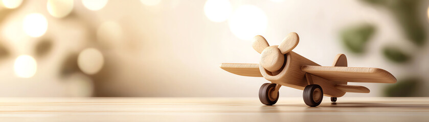 A charming wooden toy airplane rests on a table, symbolizing childhood adventure and imagination in a warm, inviting environment.