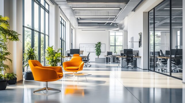 Modernes, helles B&uuml;ro mit stilvollem Design und nat&uuml;rlicher Beleuchtung