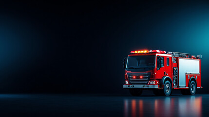 A modern fire truck illuminated against a dark background, showcasing its bright lights and sleek design, symbolizing safety and protection.