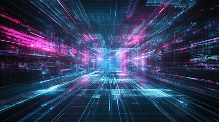 A vibrant digital tunnel visualizing data flow through neon colors and intricate patterns