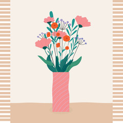 Bouquet of different spring and summer flowers in vase. isolated vector illustration on white. Modern art for poster, postcard, banner, card and etc. Vector clip art. Women's Day, Mother's Day.