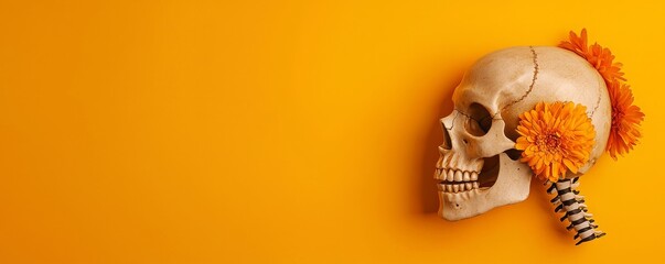 Fototapeta premium Skeleton with tribal decorations, intricate shadow patterns, representing ancient traditions and heritage