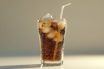 Refreshing Glass of Cola with Ice Cubes and Straw
