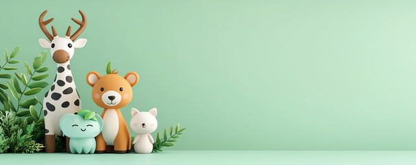 Fototapeta premium Colorful and cute animal toys with green foliage against a soft mint background, perfect for children's decor and playful themes.