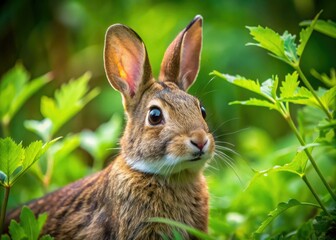 Fototapeta premium Adorable wild rabbit with soft fur and twitching whiskers pauses amidst lush green undergrowth, sniffing the forest air with curious, big brown eyes.