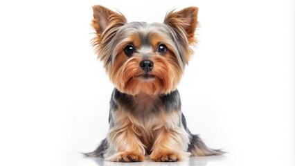Adorable Yorkshire Terrier with fluffy fur and big brown eyes sits against a clean white background, showcasing its small size and endearing expressions.