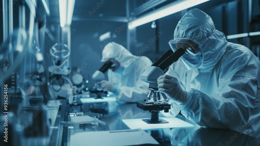 Poster two researchers clad in white protective suits diligently examine samples using advanced microscopes