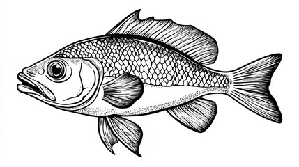 Fototapeta premium Outline illustration of a black and white fish for drawing and coloring on white background