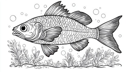 Outline illustration of a black and white fish for drawing and coloring on white background