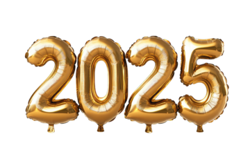 2025 Golden number helium balloons isolated background. Realistic foil balloon