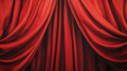 Rich red velvet curtains elegantly draping a theatrical stage in a dimly lit auditorium during a live performance
