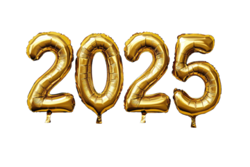 2025 Golden number helium balloons isolated background. Realistic foil balloon