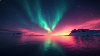 Stunning northern lights reflecting over calm arctic waters at night