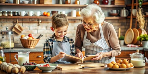 Fototapeta premium Adorable youngster and elderly female relative bonding in a cozy kitchen, surrounded by utensils and ingredients, while exploring a vintage recipe book together.
