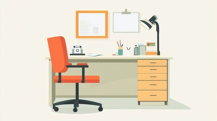 A white office desk with a chair and a lamp