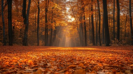 Sunlight through autumn forest trees with fall leaves covering the ground