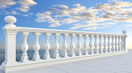 Elegant white balcony railing overlooking a serene ocean view under a clear blue sky in the early morning light