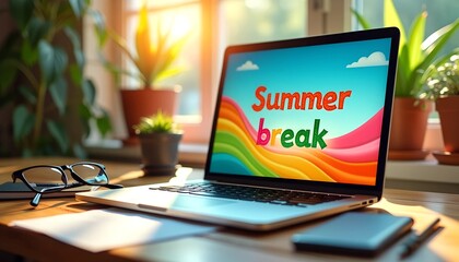 Summer Break on Laptop - Office Job Holiday Concept with Beach Vacation and Desk Workplace