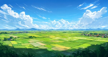 Obraz premium Rice Fields and Small Villages with Cel Shading, Bright Blue Sky and Clouds
