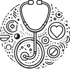 Nursing tools elements, medical logo,  heartbeat rate vector outline  in white background