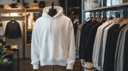 A mannequin is standing in a clothing store with a white hoodie on