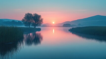 Obraz premium Serene sunrise over tranquil lake with reflection of trees and distant hills