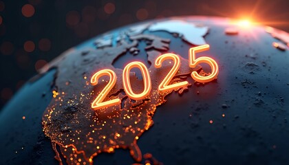 Glowing 2025 Numbers on Textured Earth - Futuristic High-Tech Symbolism for New Technology