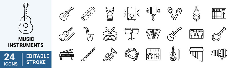 Musical instruments web line icons. Piano, guitar, saxophone. Editable stroke. Vector illustration